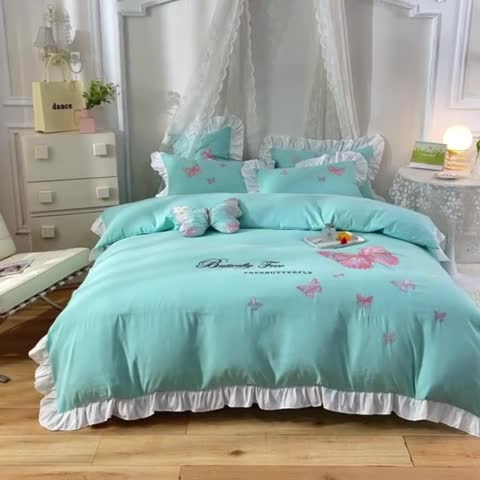 91家纺网 家纺一手货源 找家纺 欧冠 2023新款秋冬保暖云锦棉刺绣花边羽蝶系列四件套 羽蝶-碧绿