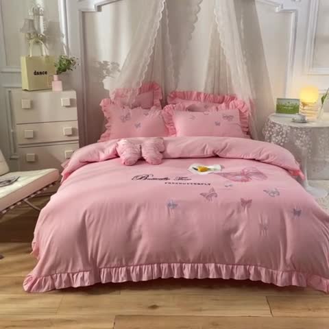 91家纺网 家纺一手货源 找家纺 欧冠 2023新款秋冬保暖云锦棉刺绣花边羽蝶系列四件套 羽蝶-玉色