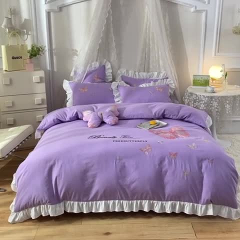 91家纺网 家纺一手货源 找家纺 欧冠 2023新款秋冬保暖云锦棉刺绣花边羽蝶系列四件套 羽蝶-紫色