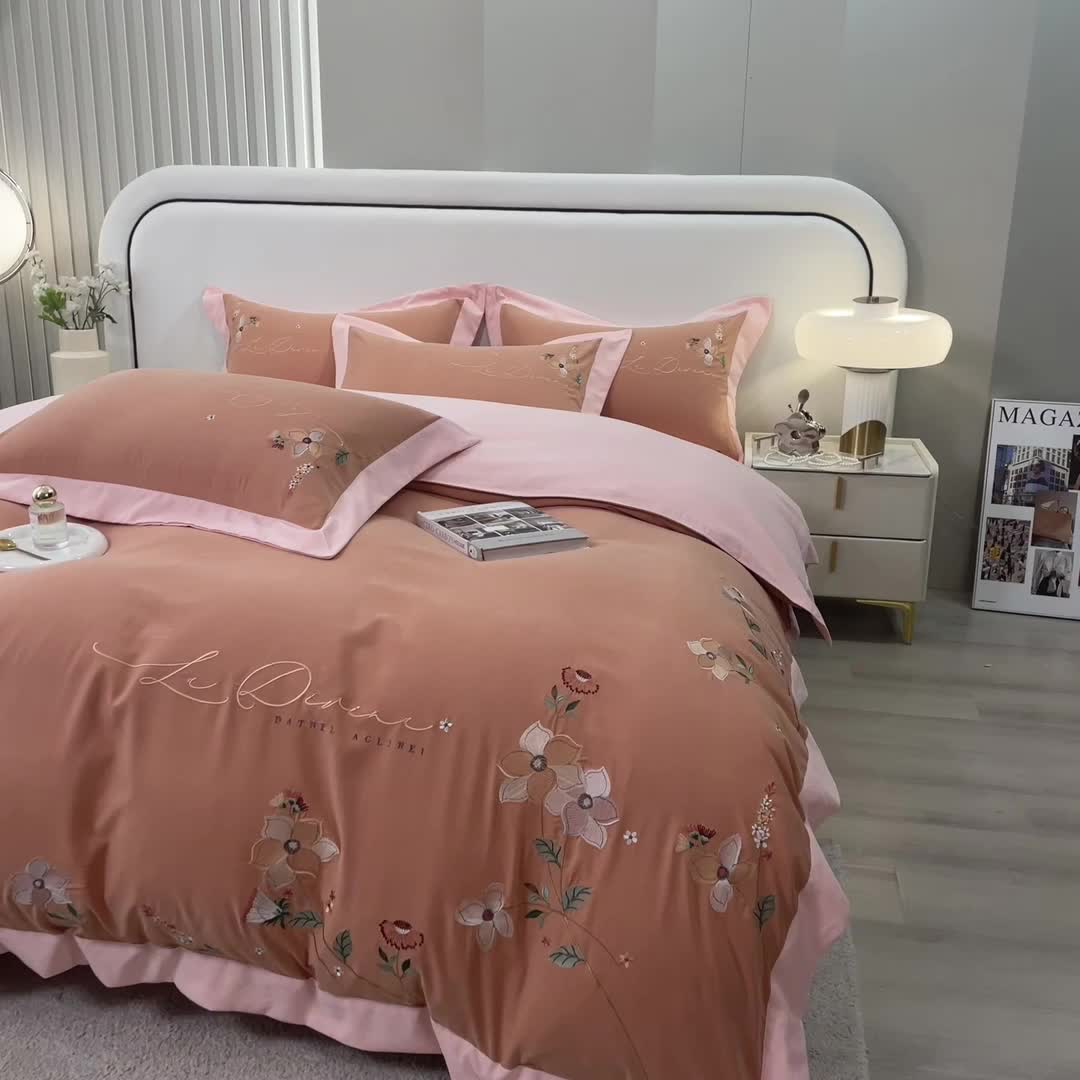 91家纺网 家纺一手货源 找家纺 欧冠 2023新款秋冬保暖云锦棉刺绣宽边盛夏光年系列四件套 盛夏光年-胭脂橙