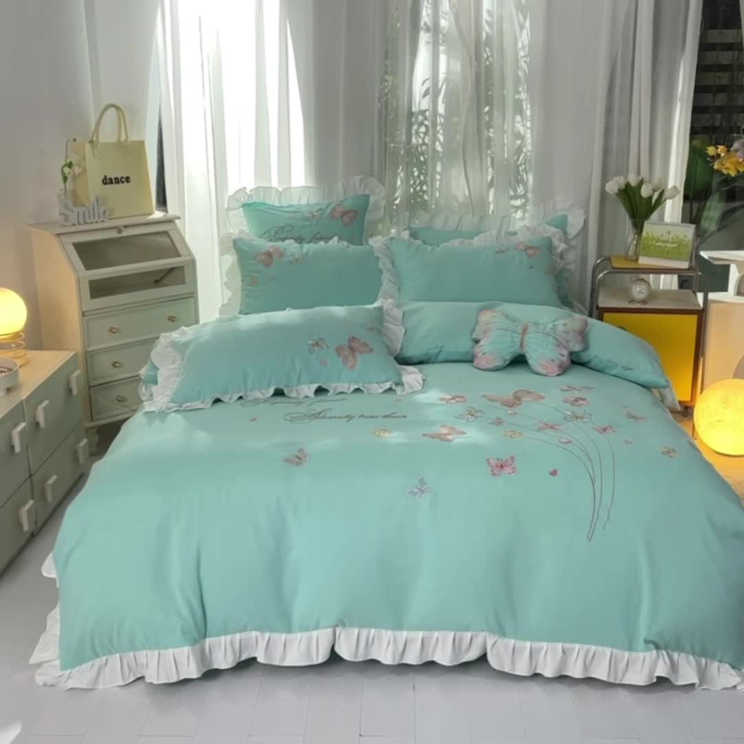 91家纺网 家纺一手货源 找家纺 欧冠 2023新款秋冬保暖云锦棉刺绣花边春卉系列四件套 春卉-碧绿