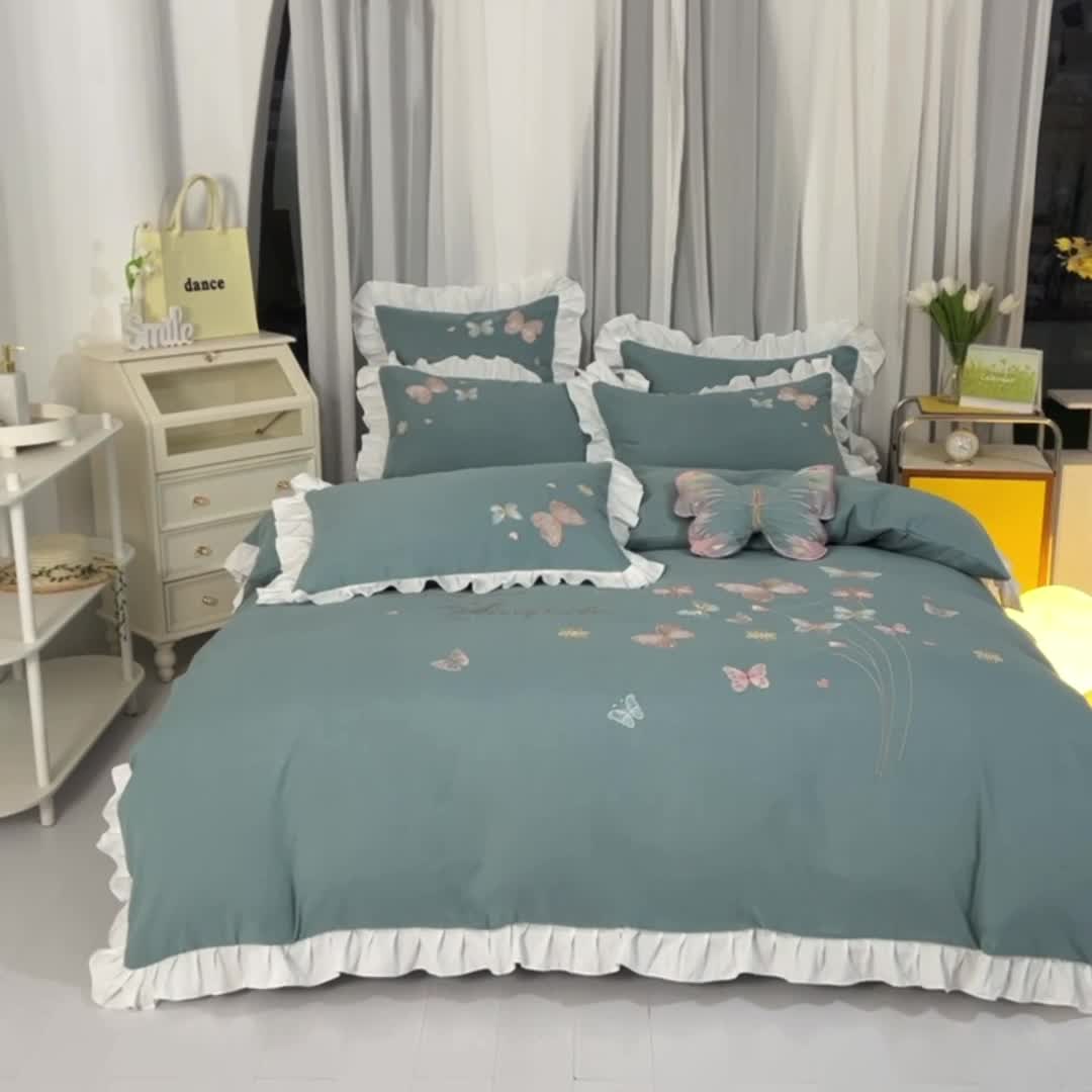 91家纺网 家纺一手货源 找家纺 欧冠 2023新款秋冬保暖云锦棉刺绣花边春卉系列四件套 春卉-黛蓝