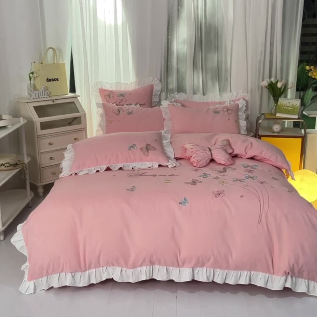 91家纺网 家纺一手货源 找家纺 欧冠 2023新款秋冬保暖云锦棉刺绣花边春卉系列四件套 春卉-粉色