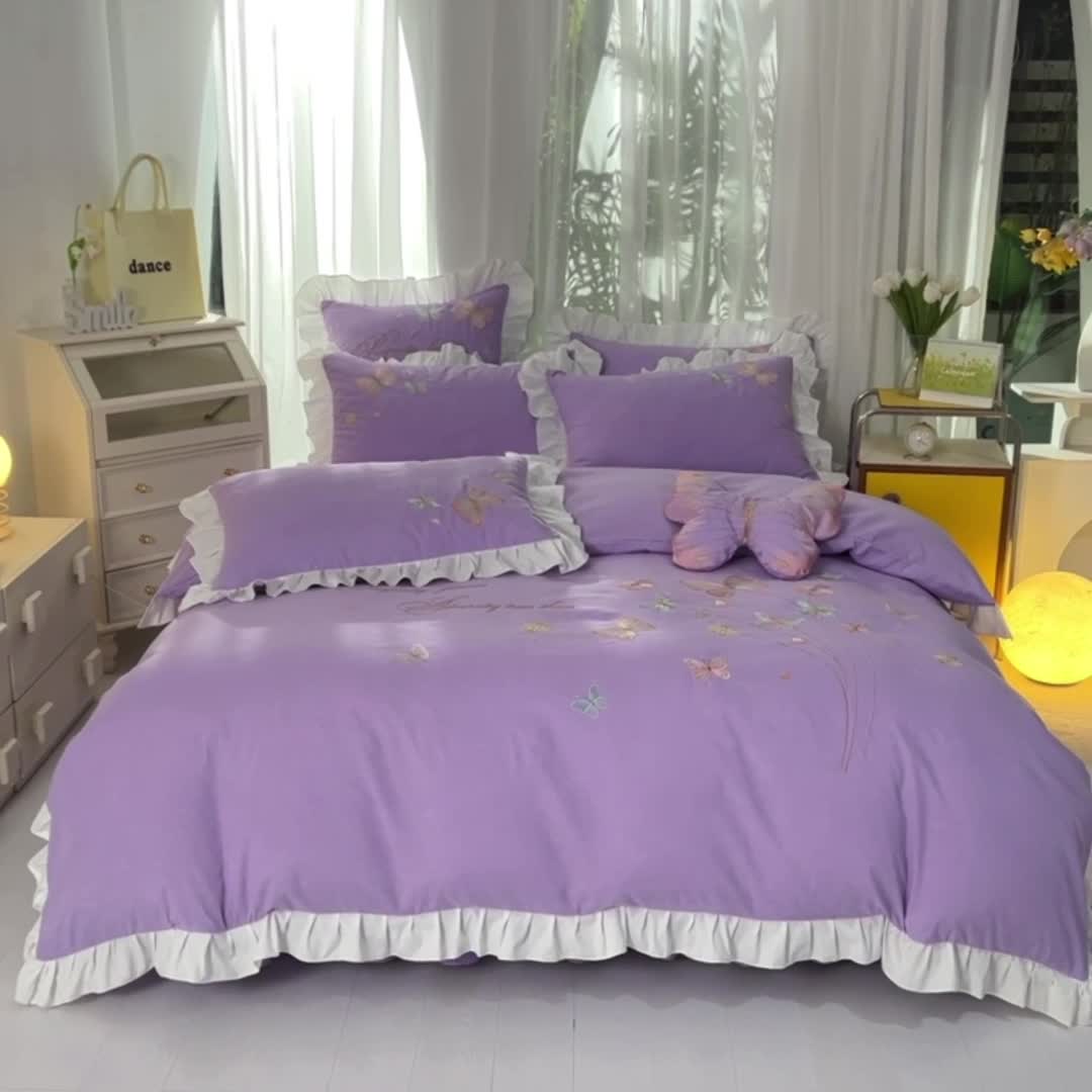 91家纺网 家纺一手货源 找家纺 欧冠 2023新款秋冬保暖云锦棉刺绣花边春卉系列四件套 春卉-紫色