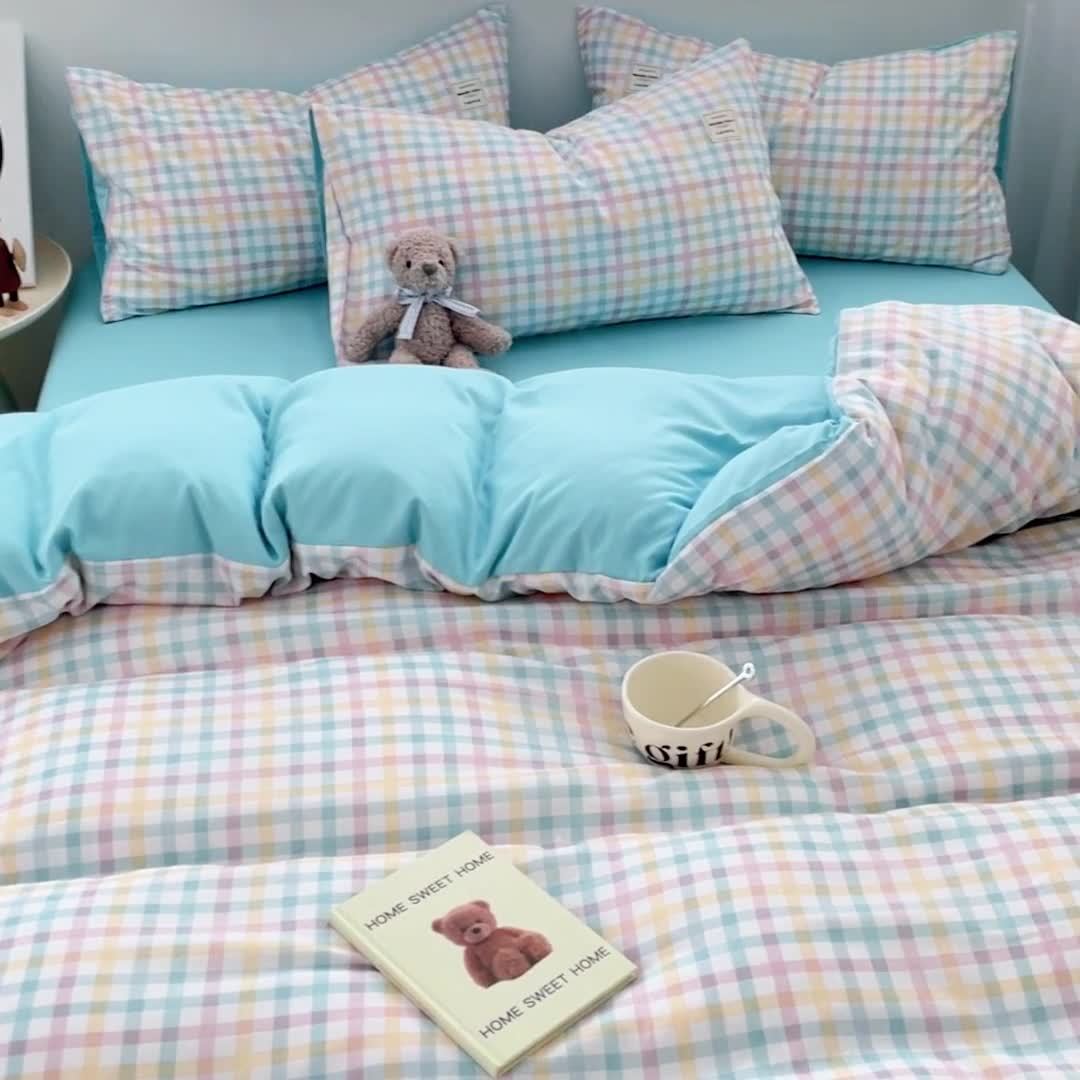 91家纺网 家纺一手货源 找家纺 新款亲肤磨毛无印风格子水洗m床单床笠被套学生宿舍三件套四件套 冰激凌格