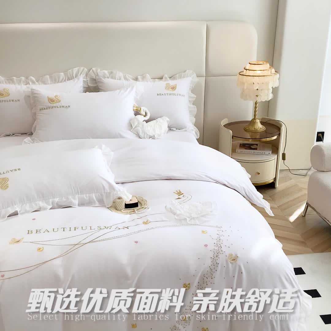 91家纺网 家纺一手货源 找家纺 欧冠 2023新款全棉斯洛琪四件套系列 斯洛琪-白