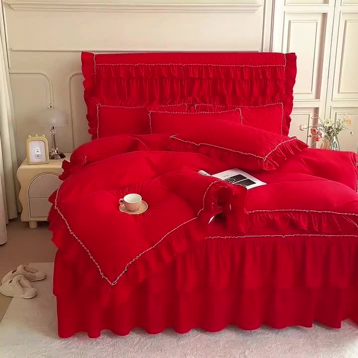 91家纺网 家纺一手货源 找家纺 十个点 2024新款水洗棉磨毛夹棉纤缝床裙套件星辰系列-四件套 大红