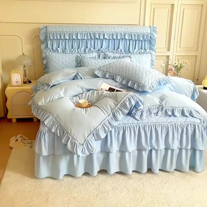 91家纺网 家纺一手货源 找家纺 十个点 2024新款水洗棉磨毛夹棉纤缝床裙套件星辰系列-四件套 湖蓝