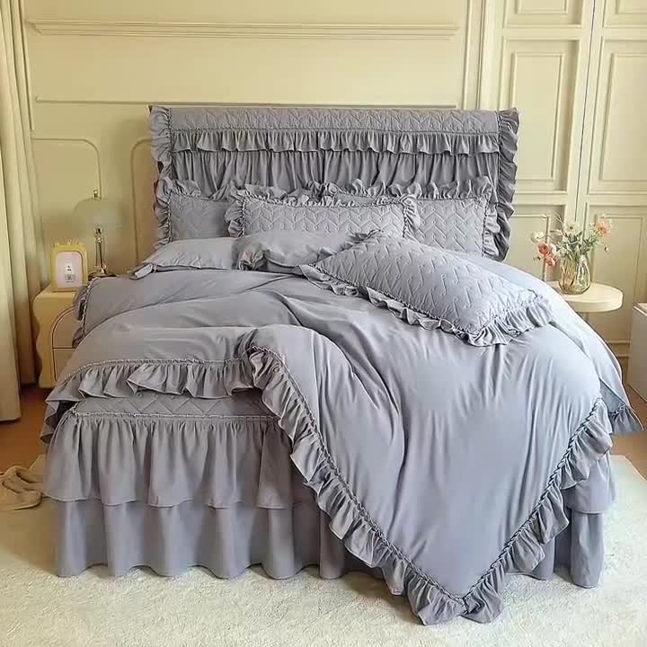 91家纺网 家纺一手货源 找家纺 十个点 2024新款水洗棉磨毛夹棉纤缝床裙套件星辰系列-四件套 灰色