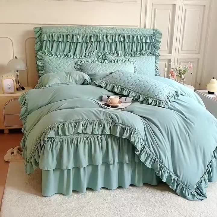 91家纺网 家纺一手货源 找家纺 十个点 2024新款水洗棉磨毛夹棉纤缝床裙套件星辰系列-四件套 水兰