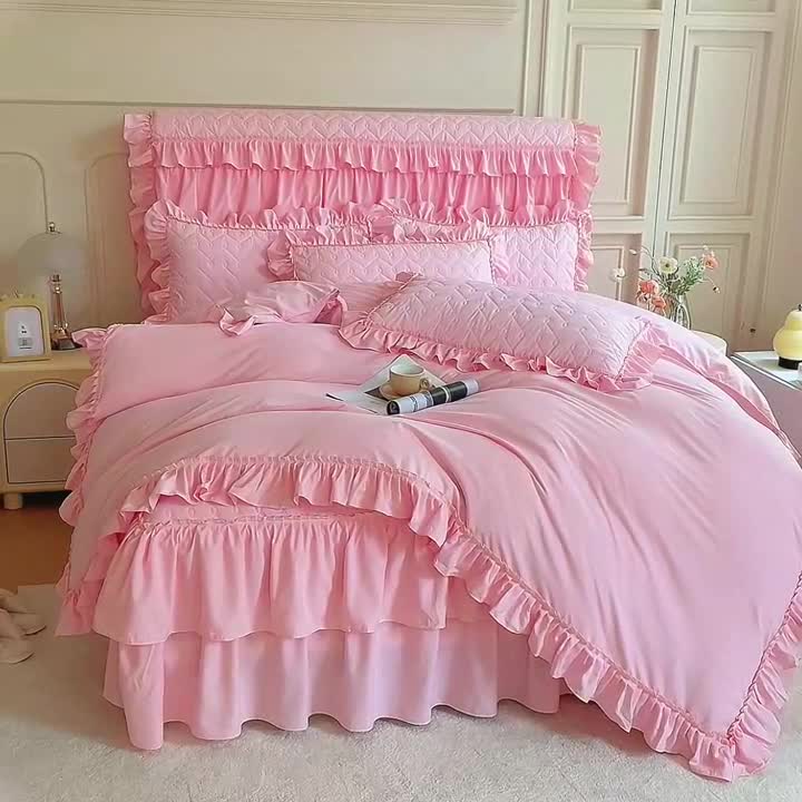 91家纺网 家纺一手货源 找家纺 十个点 2024新款水洗棉磨毛夹棉纤缝床裙套件星辰系列-四件套 玉粉