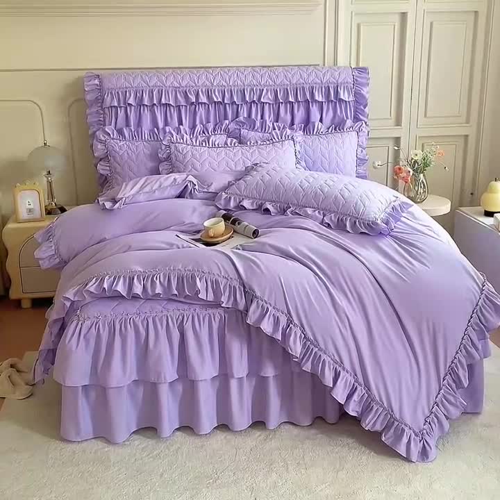 91家纺网 家纺一手货源 找家纺 十个点 2024新款水洗棉磨毛夹棉纤缝床裙套件星辰系列-四件套 紫色