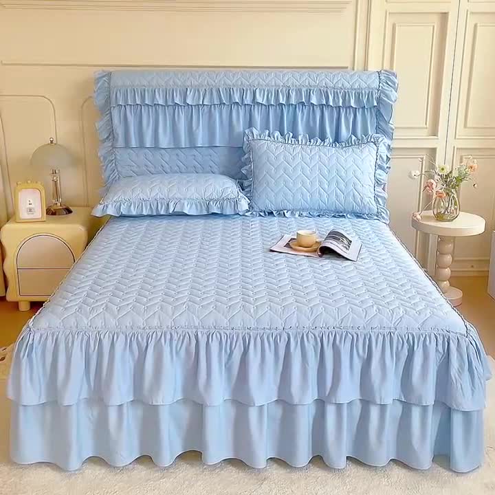 91家纺网 家纺一手货源 找家纺 十个点 2024新款水洗棉磨毛星辰单品套件系列单床裙 湖蓝