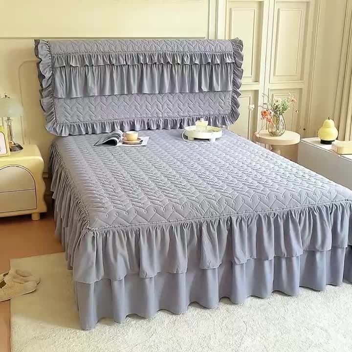 91家纺网 家纺一手货源 找家纺 十个点 2024新款水洗棉磨毛星辰单品套件系列单床裙 灰色