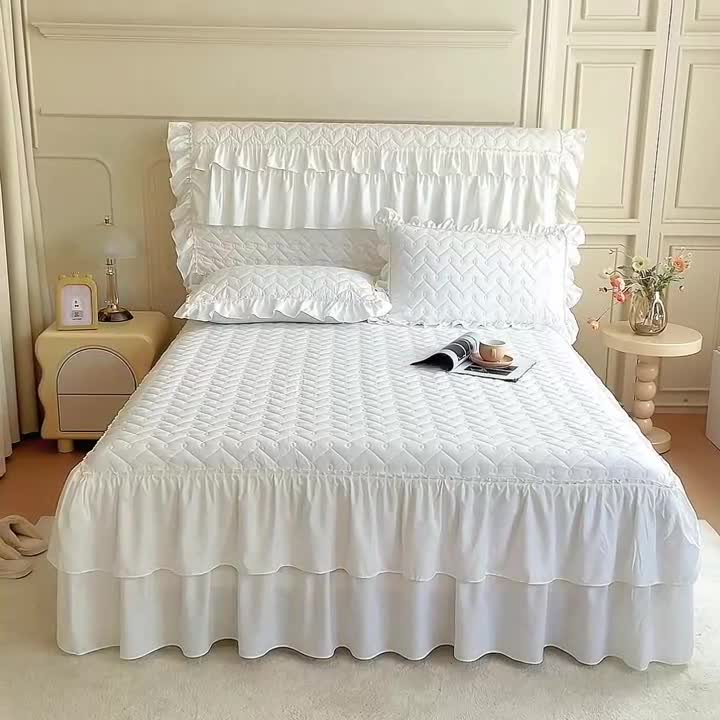 91家纺网 家纺一手货源 找家纺 十个点 2024新款水洗棉磨毛星辰单品套件系列单床裙 珠光白