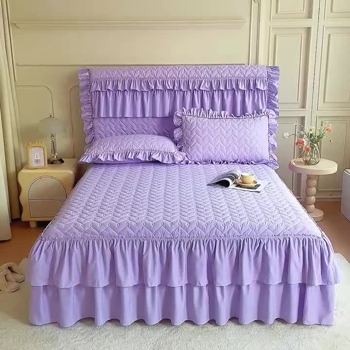 91家纺网 家纺一手货源 找家纺 十个点 2024新款水洗棉磨毛星辰单品套件系列单床裙 紫色