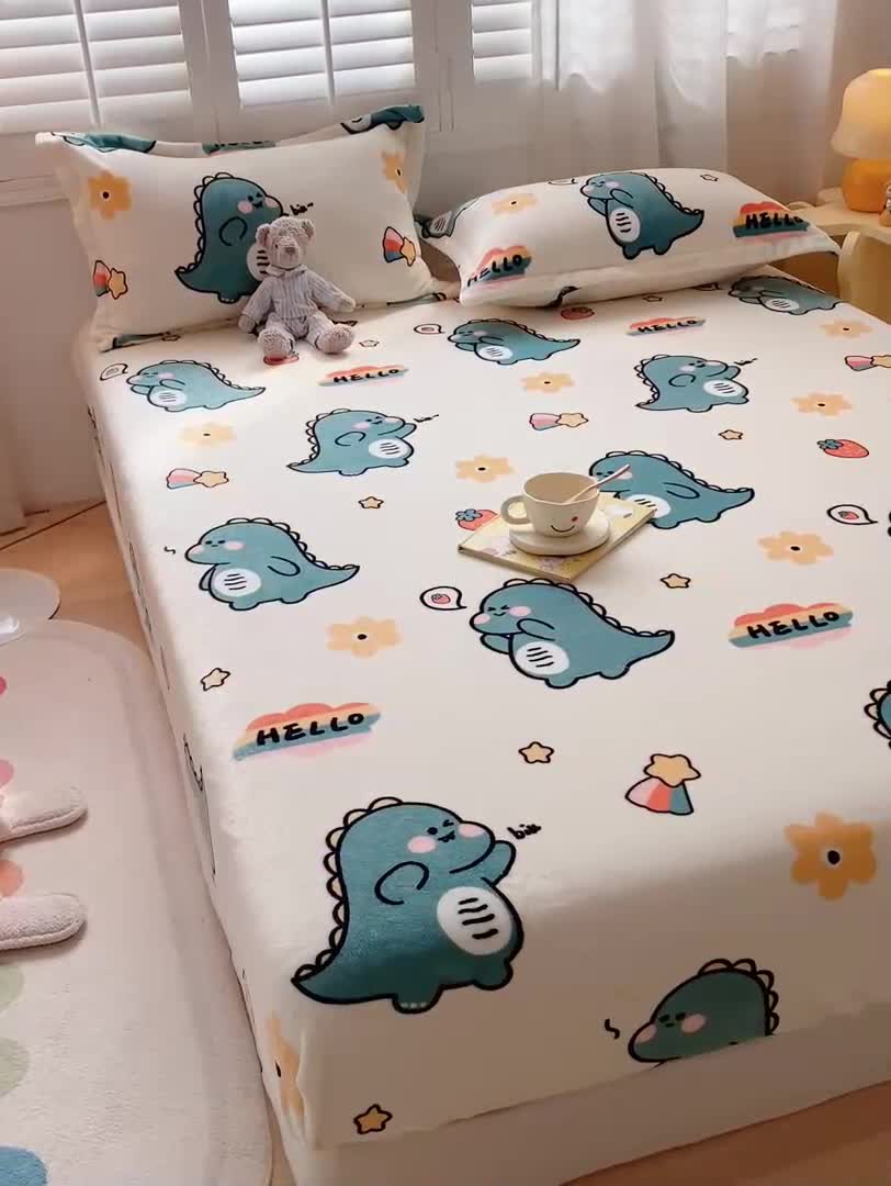 91家纺网 家纺一手货源 找家纺 欧邦 新款印花牛奶绒单品床笠 恐龙家族