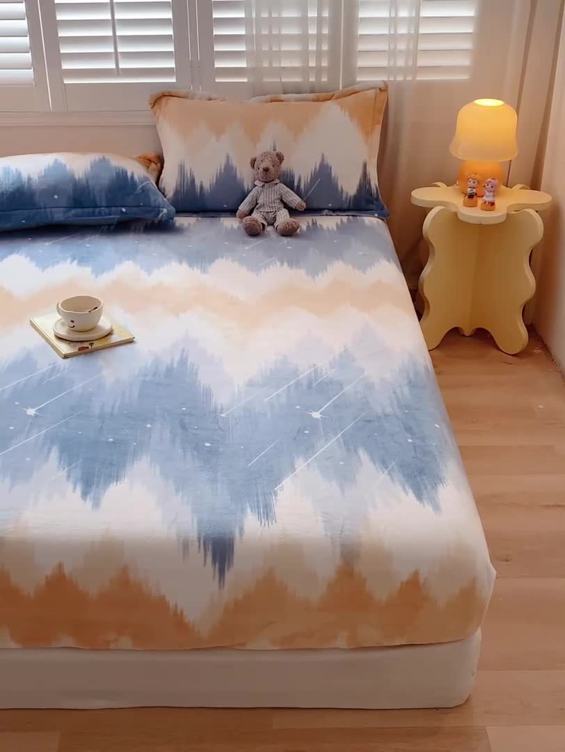 91家纺网 家纺一手货源 找家纺 欧邦 新款印花牛奶绒单品床笠 流星雨