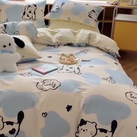 91家纺网 家纺一手货源 找家纺 时年 2023新款全棉印花优选系列四件套 奶牛猫