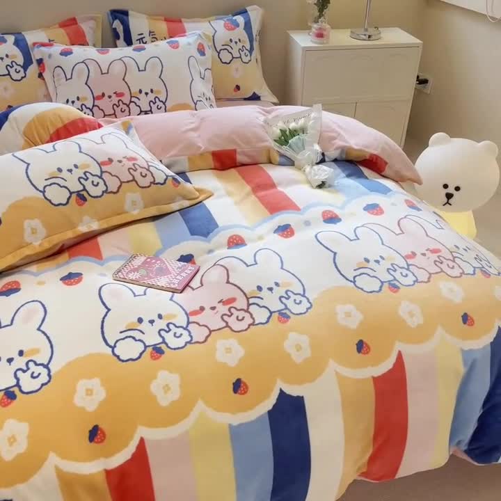 91家纺网 家纺一手货源 找家纺 眠博士 2023新款系列9印花简单款三件套 简单款单被套-彩条兔
