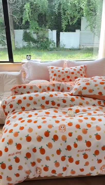 91家纺网 家纺一手货源 找家纺 梦莱斯 2023新款高克重保暖牛奶绒水晶绒印花四件套 橙子女孩