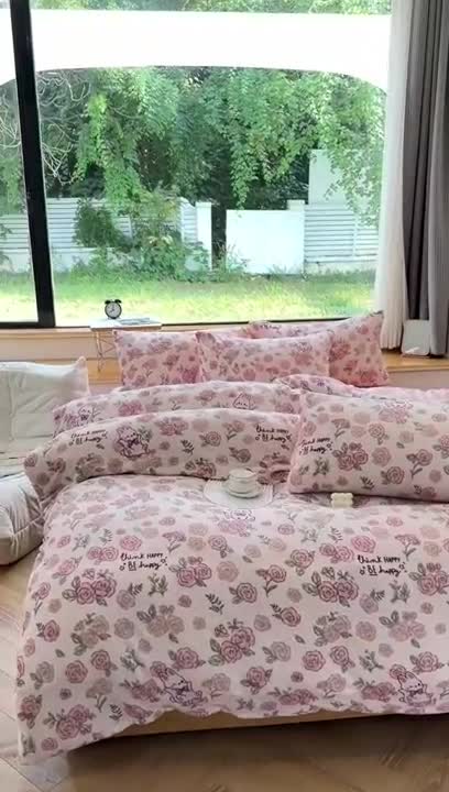 91家纺网 家纺一手货源 找家纺 梦莱斯 2023新款高克重保暖牛奶绒水晶绒印花四件套 粉玫瑰