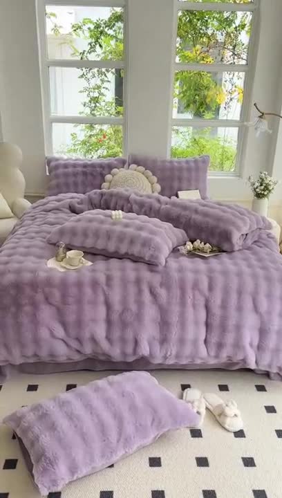 91家纺网 家纺一手货源 找家纺 24新款380克托卡斯仿皮草大泡泡8-9斤牛奶绒兔毛绒兔兔绒四件套 香盈紫