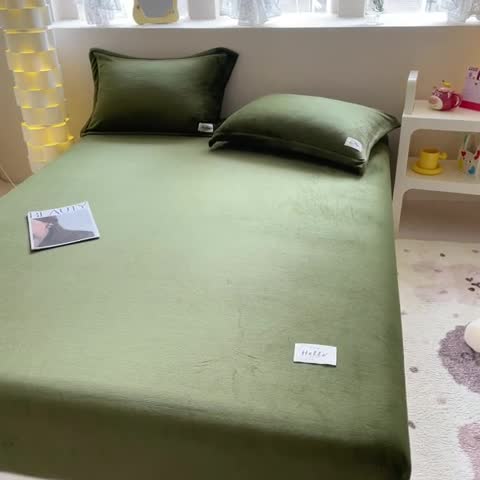 91家纺网 家纺一手货源 找家纺 857 2023新款牛奶绒床笠 橄榄绿