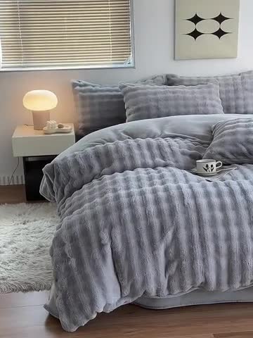 91家纺网 家纺一手货源 找家纺 新月 2023新款泡泡兔毛绒亲肤舒适四件套 泡泡-灰