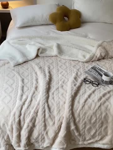 91家纺网 家纺一手货源 找家纺 欧邦 新款爆款AB版加厚提花塔芙绒羊羔绒毛毯 米白