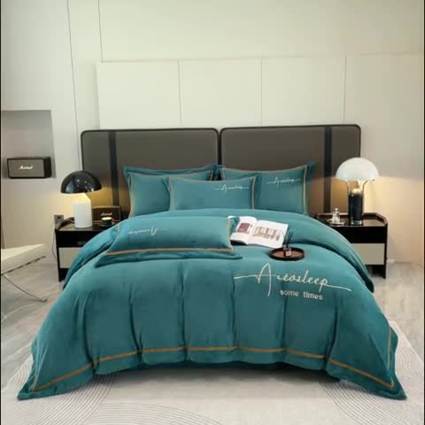 91家纺网 家纺一手货源 找家纺 露梦 2025新款高克重牛奶绒刺绣四件套-赫本 赫本-祖母绿