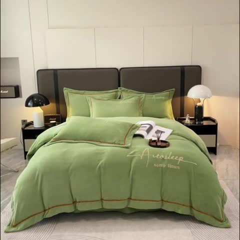 91家纺网 家纺一手货源 找家纺 露梦 2025新款高克重牛奶绒刺绣四件套-赫本 赫本-抹茶绿