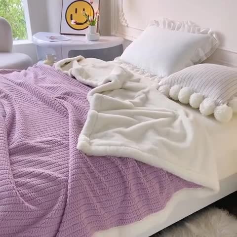 91家纺网 家纺一手货源 找家纺 春妮 2023新款A面编织绒+B面兔毛绒毛毯双层盖毯 芋泥紫