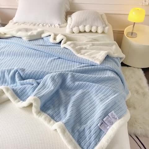 91家纺网 家纺一手货源 找家纺 春妮 2023新款A面编织绒+B面兔毛绒毛毯双层盖毯 天空蓝
