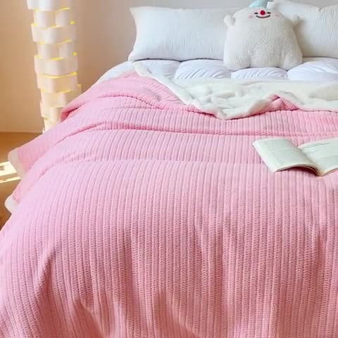 91家纺网 家纺一手货源 找家纺 春妮 2023新款A面编织绒+B面兔毛绒毛毯双层盖毯 豆沙粉