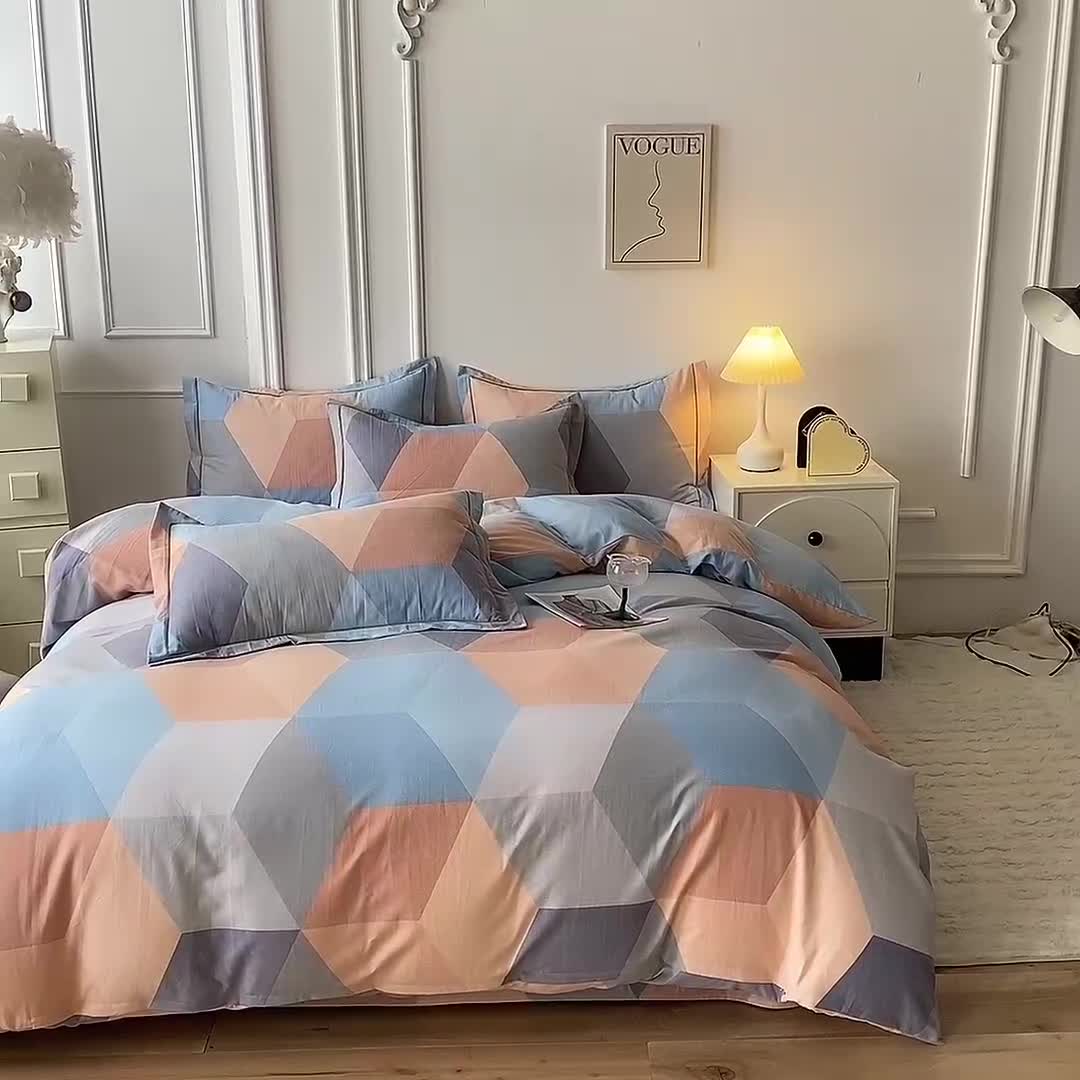 91家纺网 家纺一手货源 找家纺 简如   2025新款全棉磨毛印花四件套 格菱