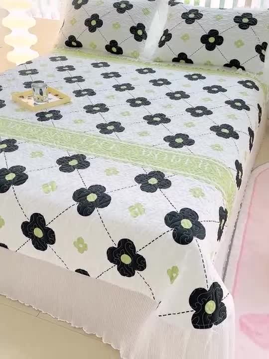 91家纺网 家纺一手货源 找家纺 冬然 2023新款全棉床盖纯棉床盖夹棉床单全棉床单纯棉床单四叶草·黑