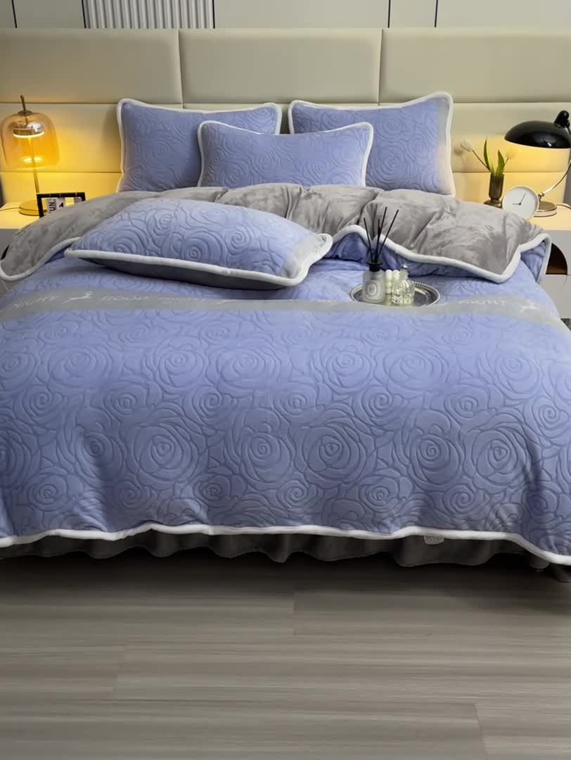 91家纺网 家纺一手货源 找家纺 畅畅家纺 2023新款A类雕花绒牛奶绒四件套 山茶花-兰