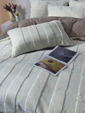 91家纺网 家纺一手货源 找家纺 畅畅家纺 2023新款兔毛绒兔兔绒懒兔绒立体剪花牛奶绒四件套 米黄+咖