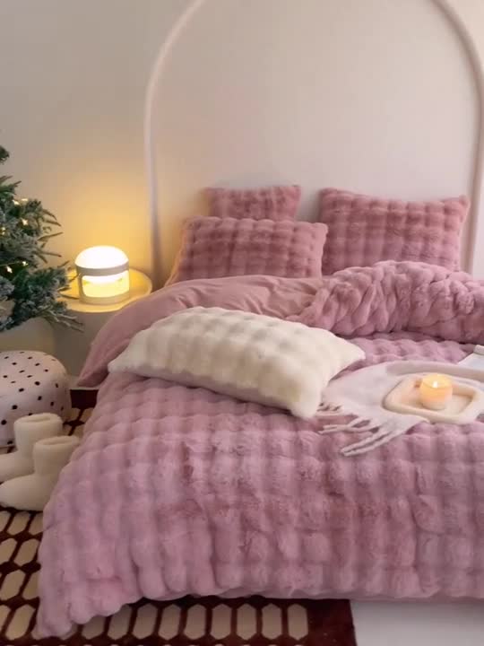 91家纺网 家纺一手货源 找家纺 潘朵拉 2023新款爆款兔毛大泡泡四件套 大泡泡豆沙