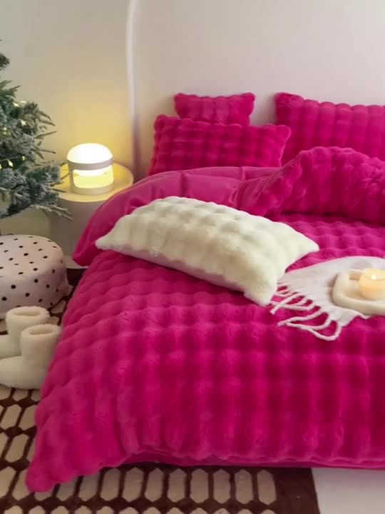 91家纺网 家纺一手货源 找家纺 潘朵拉 2023新款爆款兔毛大泡泡四件套 大泡泡火龙果色