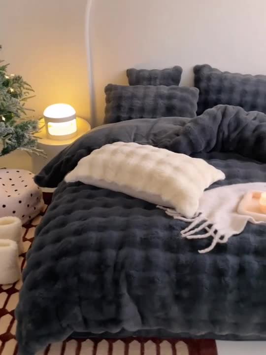 91家纺网 家纺一手货源 找家纺 潘朵拉 2023新款爆款兔毛大泡泡四件套 大泡泡深灰