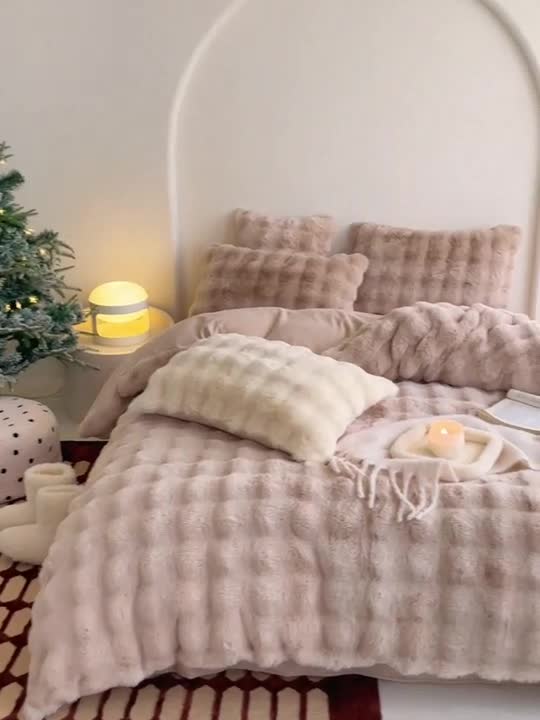 91家纺网 家纺一手货源 找家纺 潘朵拉 2023新款爆款兔毛大泡泡四件套 大泡泡驼色