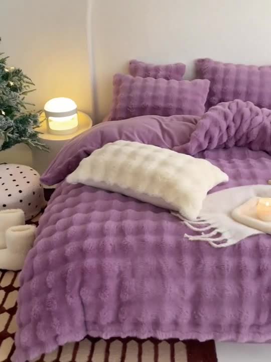 91家纺网 家纺一手货源 找家纺 潘朵拉 2023新款爆款兔毛大泡泡四件套 大泡泡紫