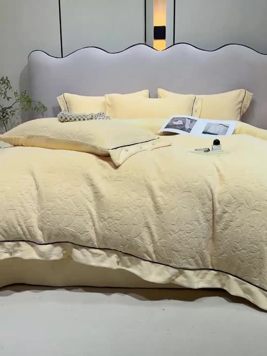 91家纺网 家纺一手货源 找家纺 佳居缘 2023新款230g全消光牛奶绒四件套-花韵系列 花韵-黄