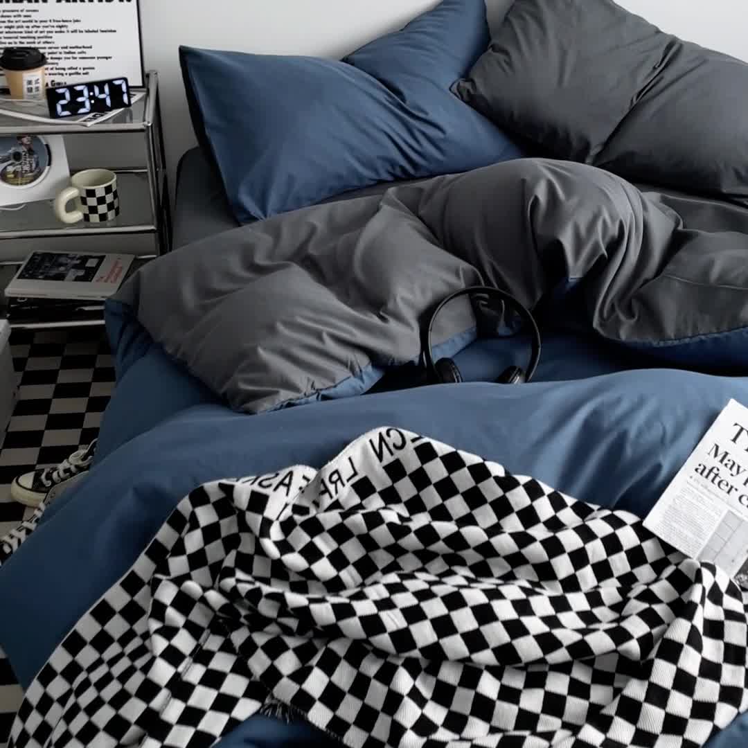 91家纺网 家纺一手货源 找家纺 2025新款日系简约无印风亲肤磨毛四件套学生三件套 宝蓝灰