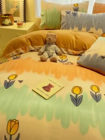 91家纺网 家纺一手货源 找家纺 大渔生活 2024新款牛奶绒印花系列四件套 梦田