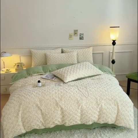 91家纺网 家纺一手货源 找家纺 宜家坊 2023新款立体玫瑰兔毛绒四件套 玫瑰兔毛-奶白绿