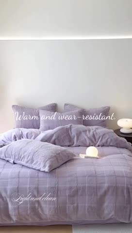 91家纺网 家纺一手货源 找家纺 沐棉 2023新款秋冬加厚保暖兔毛绒牛奶绒四件套 方格-紫