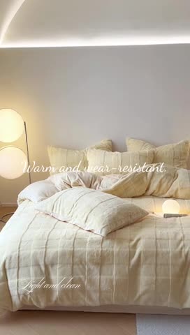 91家纺网 家纺一手货源 找家纺 沐棉 2023新款秋冬加厚保暖兔毛绒牛奶绒四件套 方格-米拼卡其